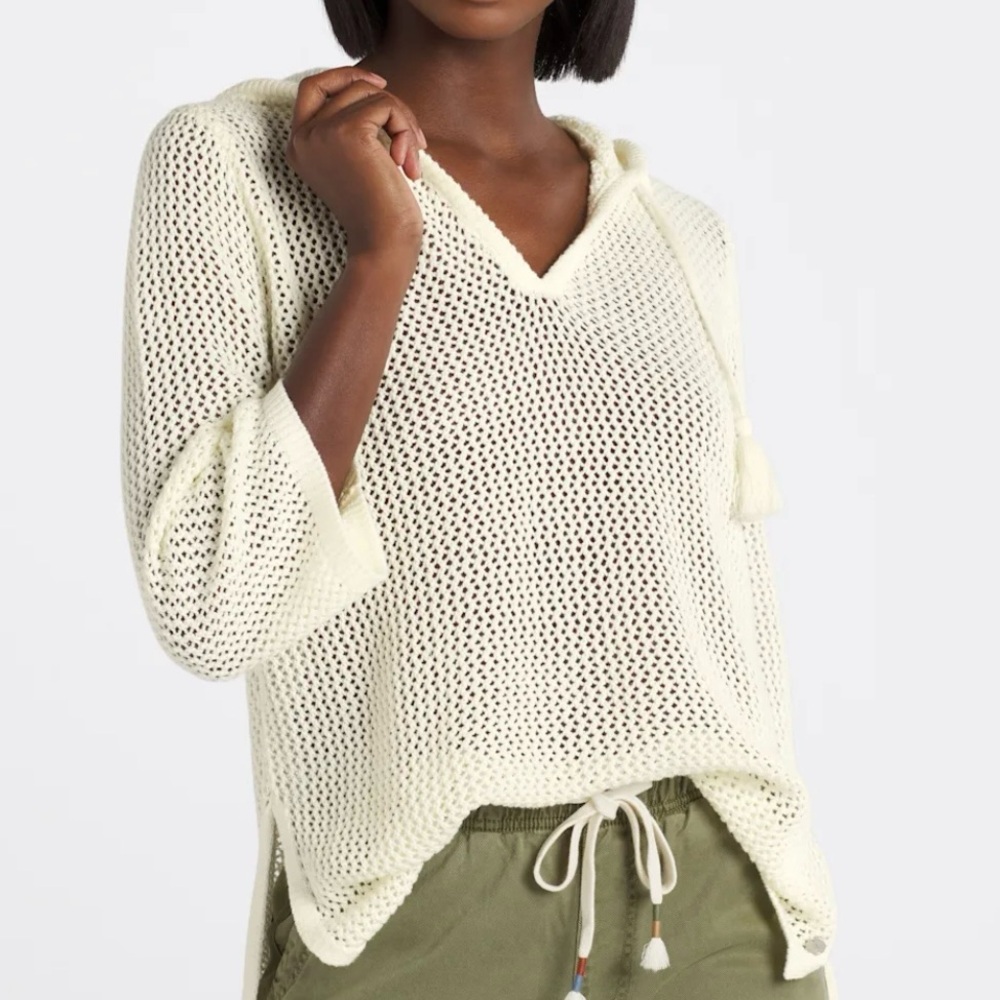 NWT ROXY After Beach Break Crochet Hooded Sweater Off White Size Large